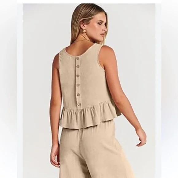 Tan 2 piece Linen Vacation Set NWOT SIZE M - Picture 3 of 8